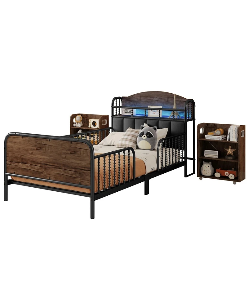 Streamdale Furniture Streamdale Twin Metal Platform Bed with Light, Upholstered Headboard & Storage Shelves, Black