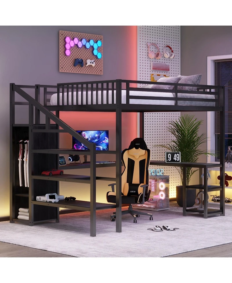 Streamdale Furniture Metal Queen Loft Bed with Wardrobe, Led, L-Shaped Desk & Usb