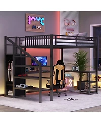 Streamdale Furniture Metal Queen Loft Bed with Wardrobe, Led, L-Shaped Desk & Usb