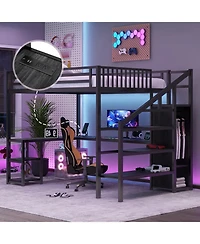 Streamdale Furniture Metal Queen Loft Bed with Wardrobe, Led, L-Shaped Desk & Usb