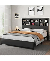 gaomon Queen Size Bed Frame with Bookcase Headboard, 2-Tier Storage Platform Bed with Usb Charging Station, No Box Spring Needed, Easy Assembly
