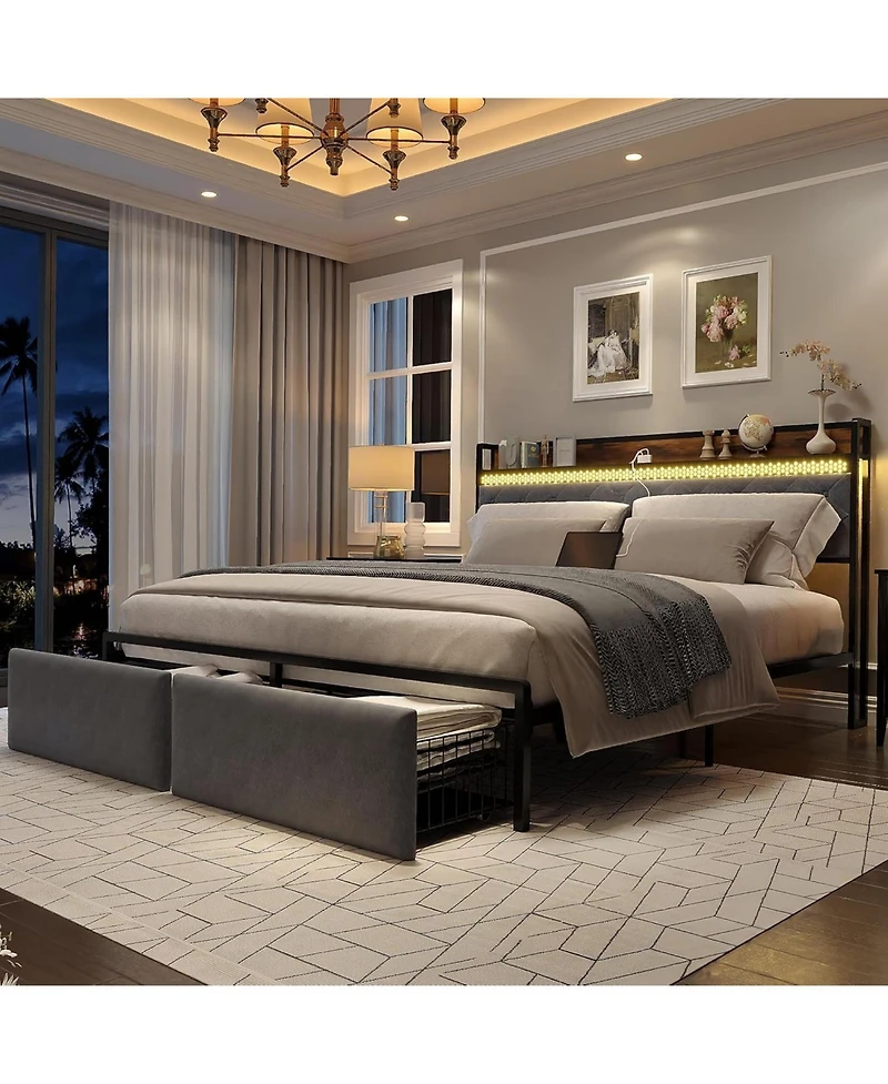 gaomon Velvet Upholstered Platform Bed Frame with Curved Button-Tufted Headboard, Golden Base and Sturdy Wood Slat Support
