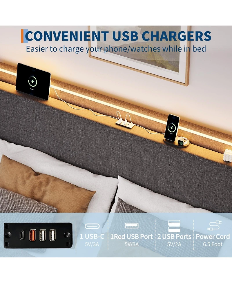 gaomon Bed Frame with Charging Station & Led Lights, Modern Platform Bed with Wooden Slats, Upholstered Headboard, No Box Spring, Easy Assembly