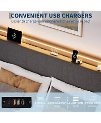 gaomon Bed Frame with Charging Station & Led Lights, Modern Platform Bed with Wooden Slats, Upholstered Headboard, No Box Spring, Easy Assembly