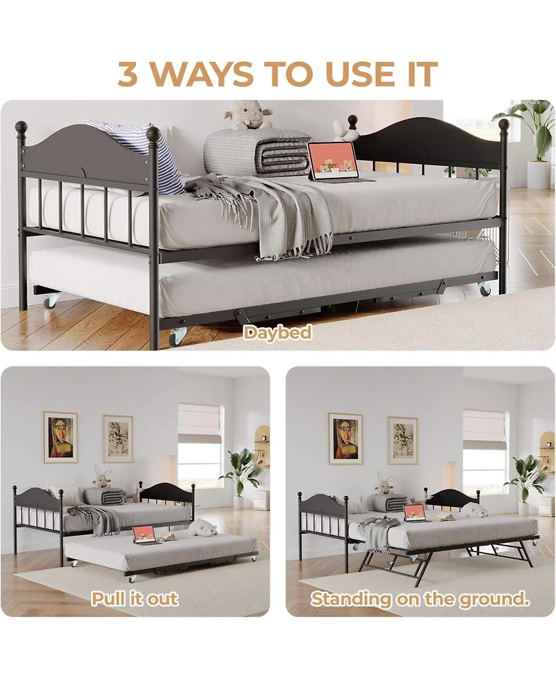 Metal Twin Bed Frame with Pop-Up Foldable Trundle, Sofa Stylish Headboard