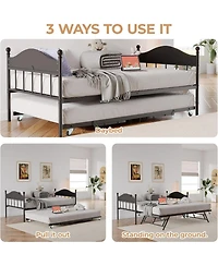 Metal Twin Bed Frame with Pop-Up Foldable Trundle, Sofa Stylish Headboard