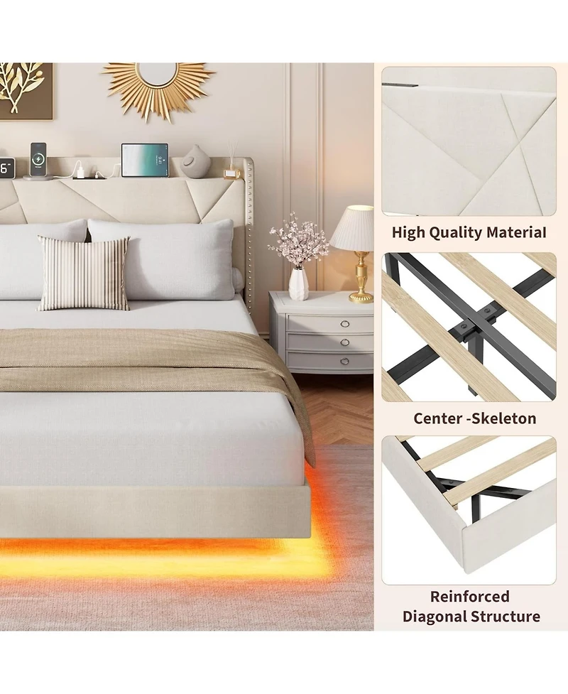 gaomon Full Size Floating Bed Frame with Rgb Led Lights, Charging Station, Upholstered Platform, Storage Headboard