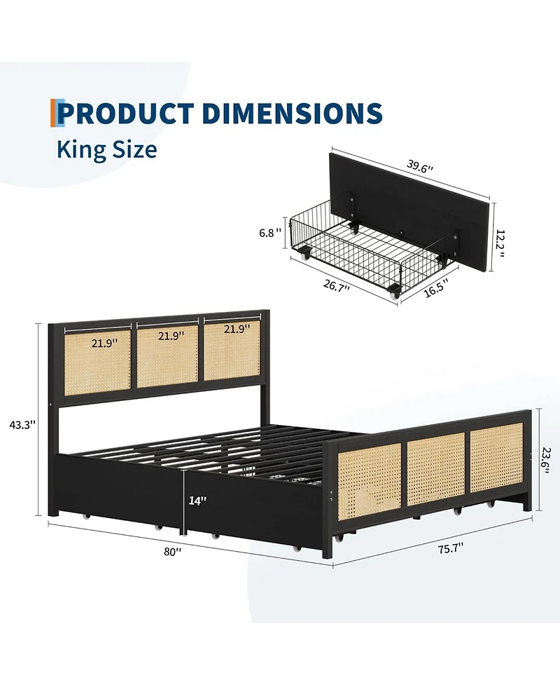 gaomon King Size Rattan Accent Storage Bed with 4 Drawers, Woven Front, Led Lights, Black Mdf Frame