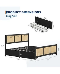 gaomon King Size Rattan Accent Storage Bed with 4 Drawers, Woven Front, Led Lights, Black Mdf Frame
