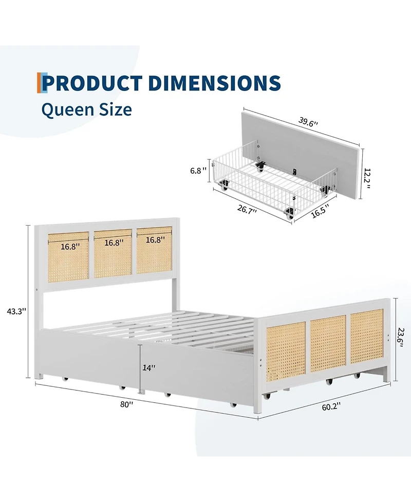 gaomon Queen Size Rattan Accent Storage Bed with 4 Drawers, Woven Front, Led Lights, Mdf Frame