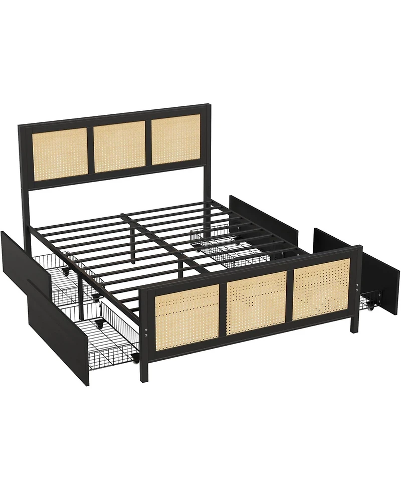 gaomon Queen Size Rattan Accent Storage Bed with 4 Drawers, Woven Front, Led Lights, Mdf Frame