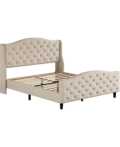 gaomon Queen Size Platform Bed Frame with Wingback Velvet Headboard Nailhead Trim Wooden Slats