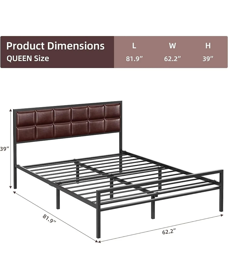 gaomon Queen Size Metal Platform Bed Frame with Faux Leather Headboard Steel Slats Ample Underbed Storage Red Brown