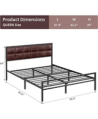 gaomon Queen Size Metal Platform Bed Frame with Faux Leather Headboard Steel Slats Ample Underbed Storage Red Brown