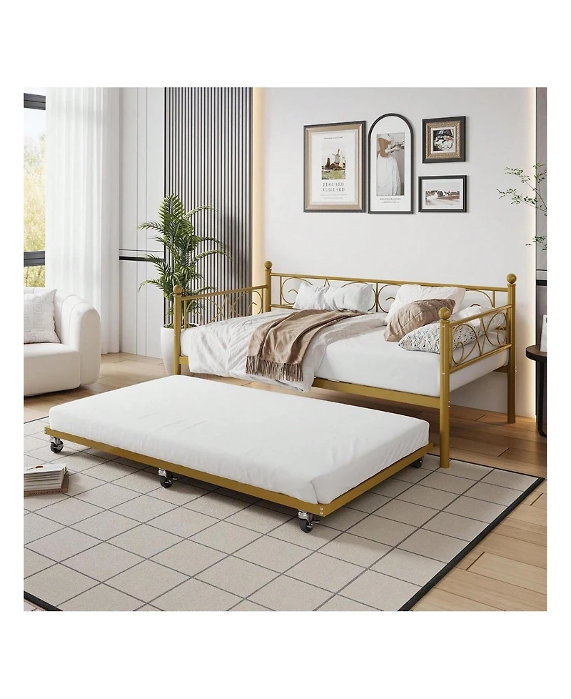 gaomon Twin Daybed with Trundle Metal Sofa Bed Heavy Duty Slats Space Saving Guest Room Gold