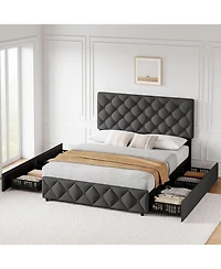 gaomon King Size Bed Frame 4 Storage Drawers Adjustable Upholstered Headboard Platform Bed Button Tufted Gray