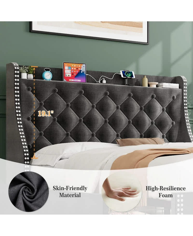 gaomon Full Bed Frame Gray Upholstered 4 Storage Drawers Wingback Headboard Charging Station Button Tufted