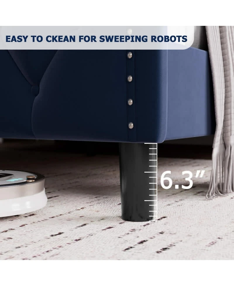 gaomon Full Bed Frame Blue Upholstered 4 Storage Drawers Wingback Headboard Charging Station Button Tufted