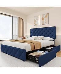 gaomon Upholstered Bed Frame 4 Storage Drawers Headboard Linen Platform Wooden Slats Button Tufted