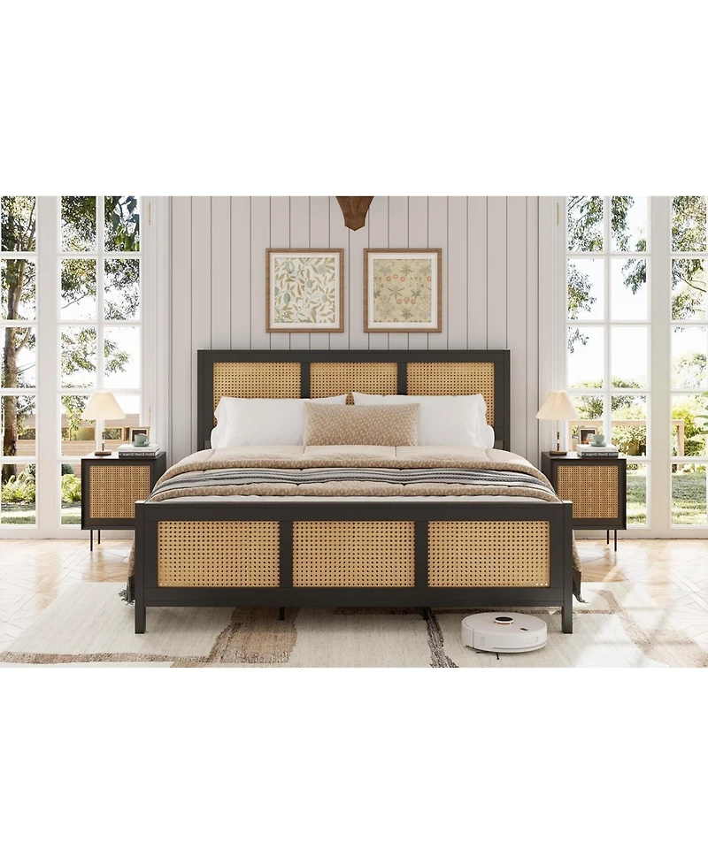 gaomon Queen Size Bed Frame Boho Cane Headboard Metal Platform
