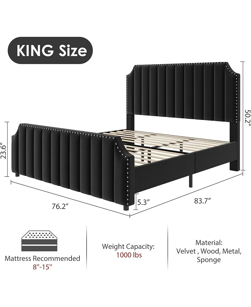 gaomon King Size Platform Bed Frame 50.2in Headboard Velvet Channel Tufted Footboard Nailhead Trim No Box Spring Black