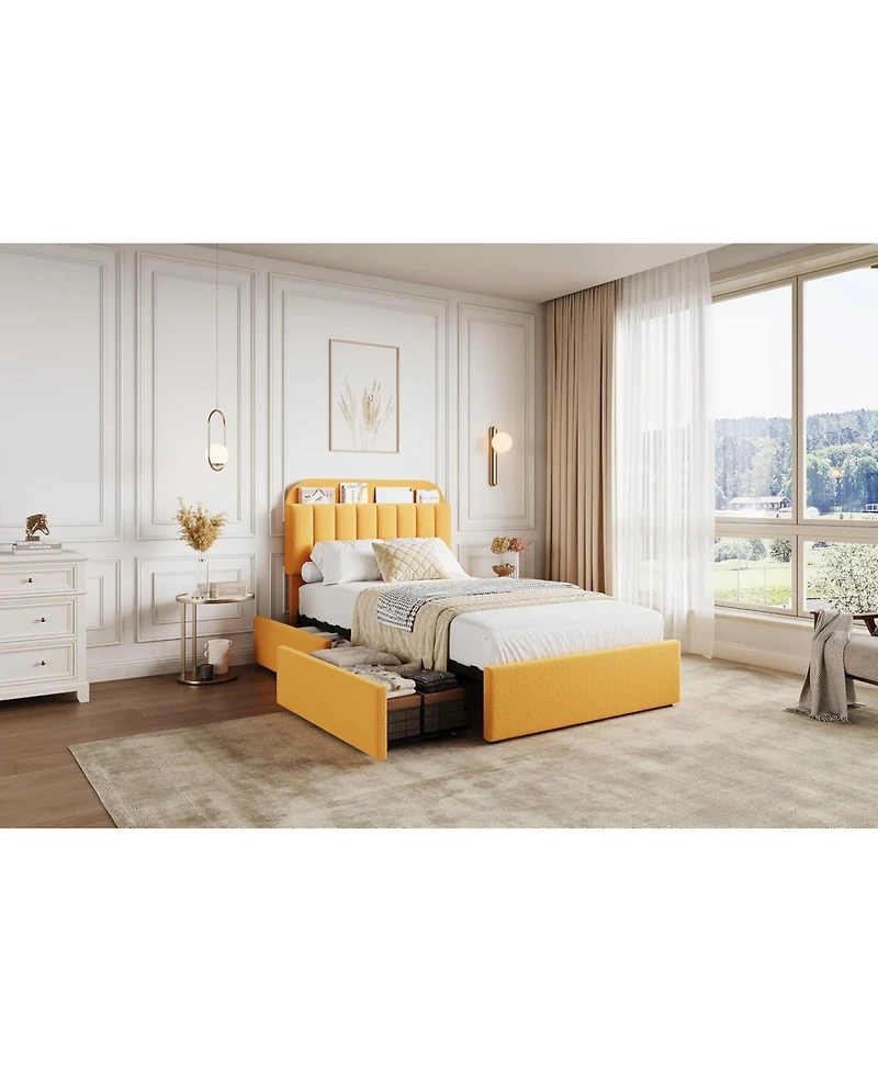 gaomon Full Size Boucle Upholstered Platform Bed Frame with Bookcase Headboard 2 Drawers for Boys Yellow No Box Spring