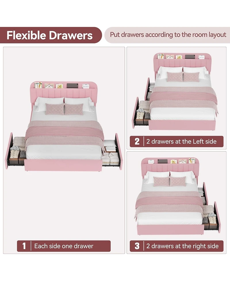 Full Size Boucle Upholstered Platform Bed Frame with Bookcase Headboard 2 Drawers for Girls No Box Spring Pink