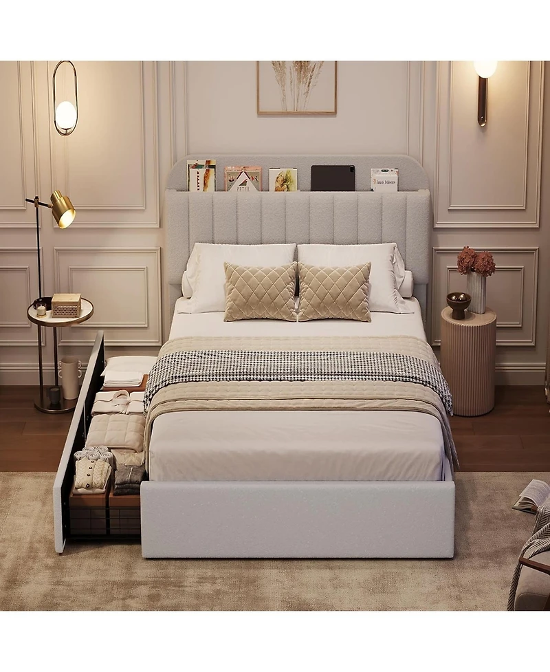 gaomon Twin Size Boucle Upholstered Platform Bed Frame with Storage Headboard Bookcase 2 Drawers No Box Spring