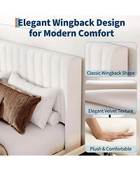 gaomon Queen Size White Velvet Platform Bed Frame Channel Tufted Wingback Headboard Upholstered Wood Slats No Box Spring