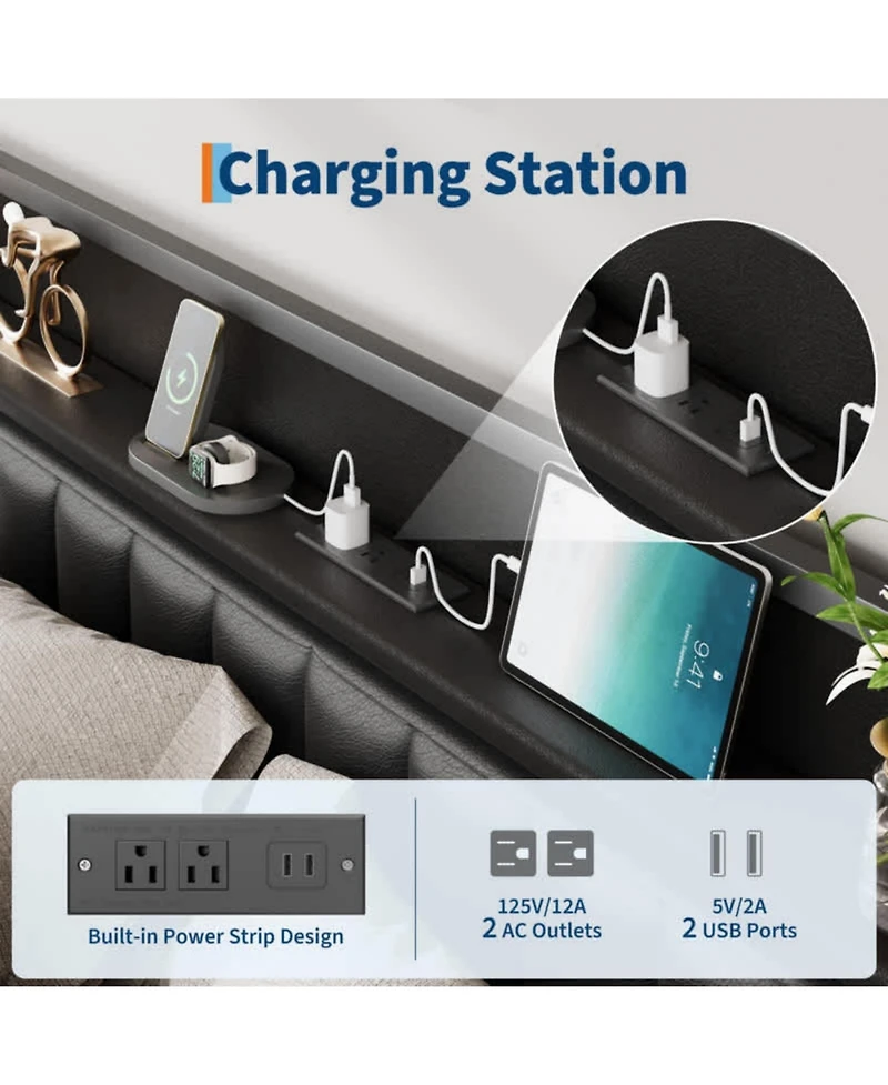 gaomon Full Size Black Faux Leather Upholstered Platform Bed Frame with Storage Headboard Charging Station Usb Ports Outlets