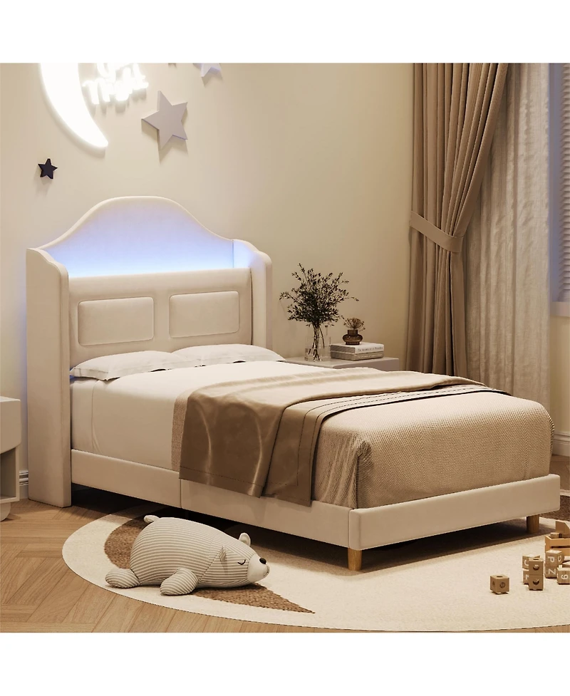 gaomon Velvet Upholstered Led Lights Wingback Headboard & Storage Platform Bed Frame