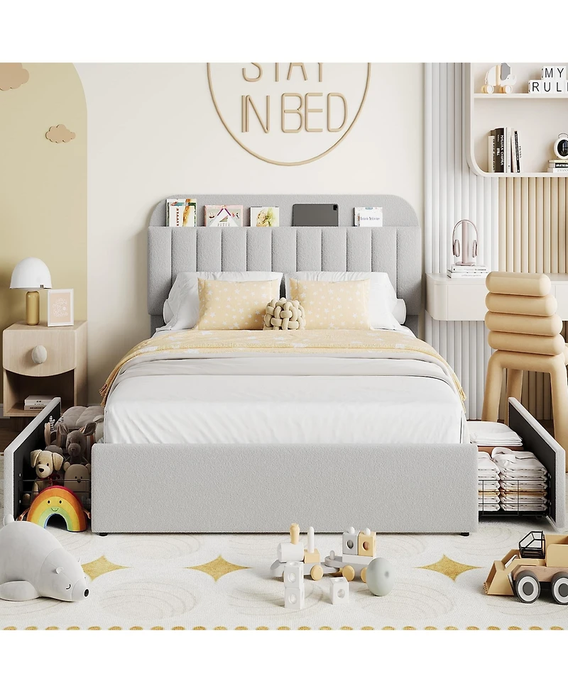 gaomon Queen Bed Frame with 2 Flexible Drawers and Bookcase Headboard, Boucle Upholstered Platform Bed for Boys/Girls