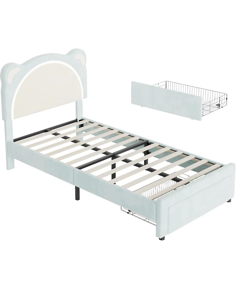 gaomon Twin Xl Upholstered Bed for Kids – Adjustable Headboard with Drawer & Led Light, Wooden Slats, No Box Spring