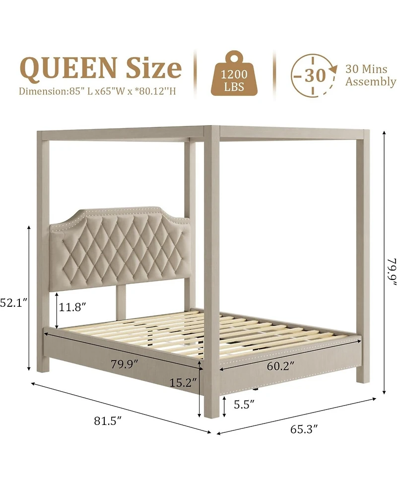 gaomon Upholstered Canopy Bed Frame Queen Size with Headboard, Button Tufted, Nailhead Trim Design, No Box Spring Required