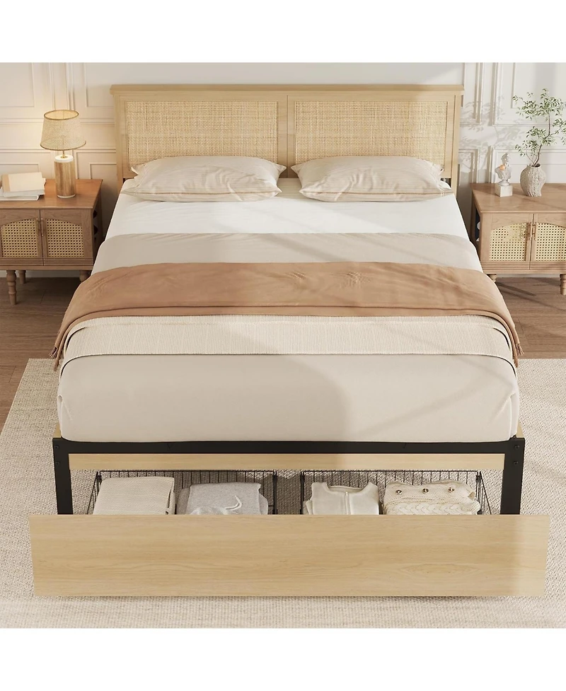 gaomon Platform Bed with Natural Rattan Headboard, Cane Frame with 2 Storage Drawers, Wood Slats