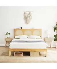 Gaomon Rattan Led Headboard Storage Modern Boho Design Heavy-Duty 1000 lbs Capacity Platform Bed Frame