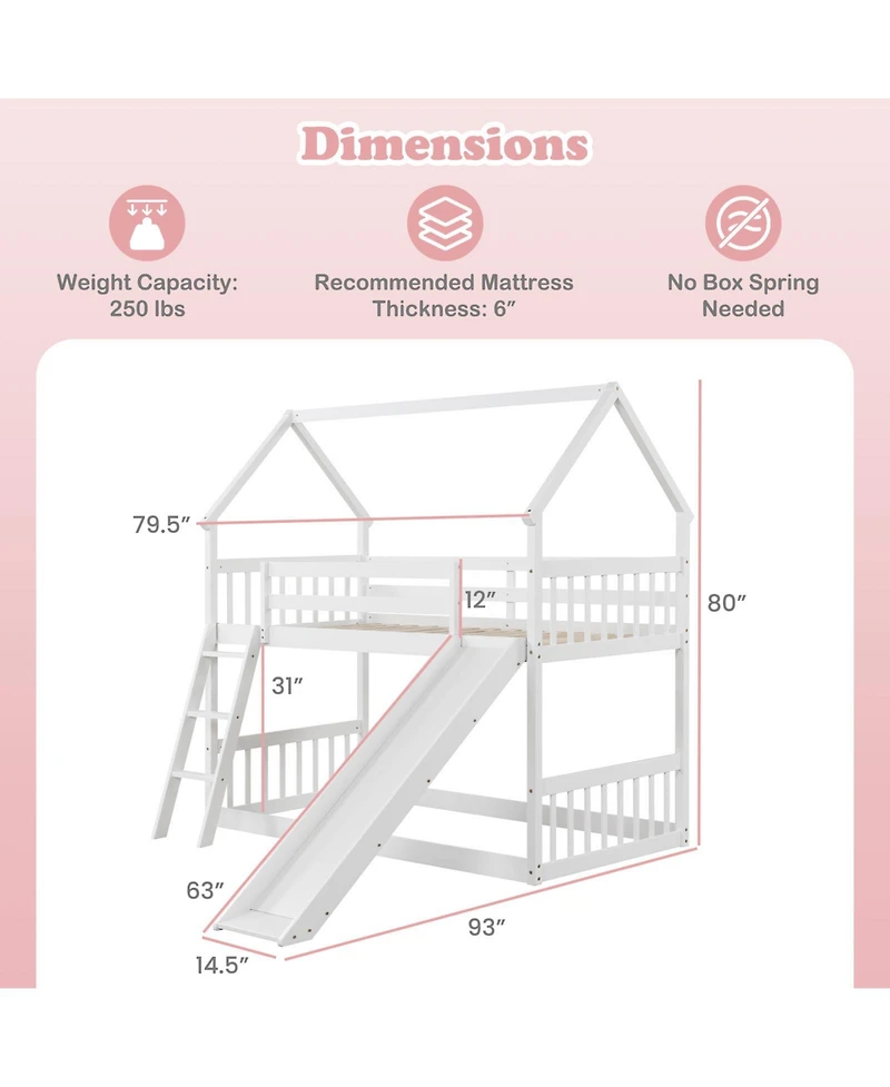 Gymax Twin Over Twin House Bunk Bed w/ Slide Solid Wood Low Bunk Bed for Kids