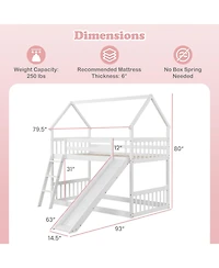 Gymax Twin Over Twin House Bunk Bed w/ Slide Solid Wood Low Bunk Bed for Kids