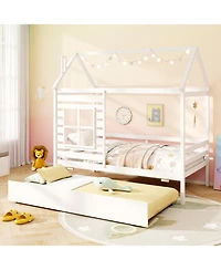 Gymax Twin House Bed with Trundle Wooden Platform w/ Roof Chimney & Window