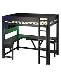 Flynama Wood Full Size Gaming Loft Bed w Built In Desk Charging Station Led Lighting Storage Shelves Multifunctional Modern Living Spaces Furniture