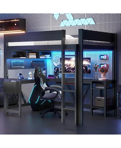 Flynama Wood Full Size Gaming Loft Bed w Built In Desk Charging Station Led Lighting Storage Shelves Multifunctional Modern Living Spaces Furniture