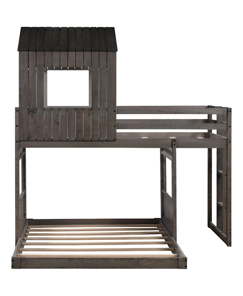 Streamdale Furniture Wooden Twin Over Full Bunk Bed, Loft Bed With Playhouse, Farmhouse, Ladder And Guardrails