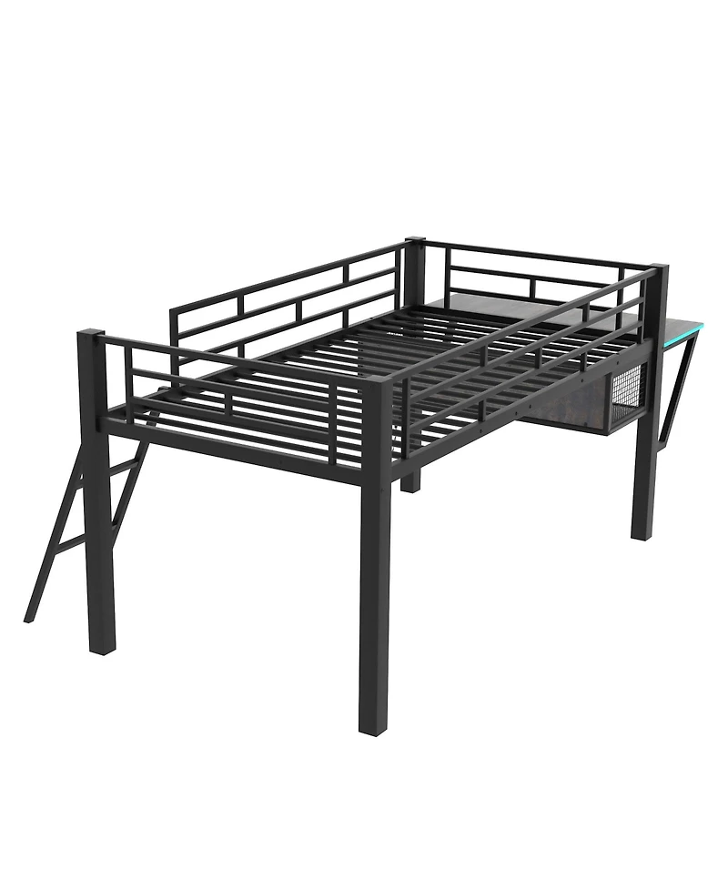 Flynama Black Metal Twin Size Gaming Mid Loft Bed with BuiltIn Desk and MultiColor Led Lighting Space Saving Furniture for Kids and Teens Bedrooms