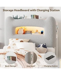 gaomon Upholstered Twin Bed Frame with Headboard, 2-Tier Storage, Charging Station & Drawer, Metal Platform, No Box Spring Needed