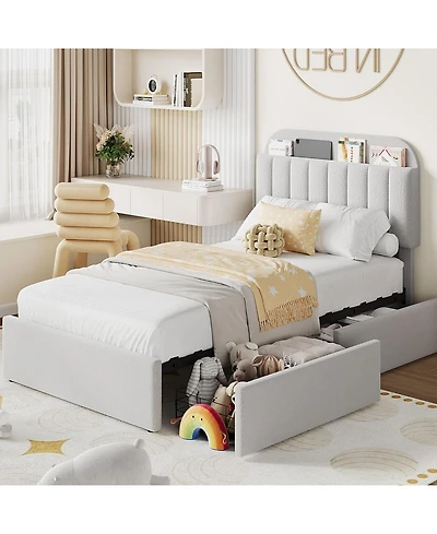 gaomon Boucle Upholstered Platform Bed with 2 Storage Drawers and Bookcase Headboard, Noise-Free, Easy Assembly, No Box Spring Needed