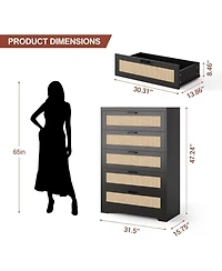 gaomon 5-Drawer Modern Rattan Tall Dresser, Wide Top, Wooden Storage Cabinet for Bedroom, Living Room, Hallway, Entryway