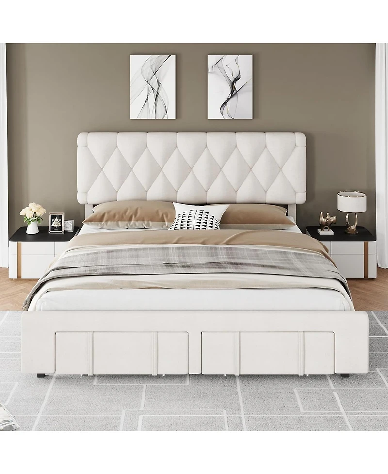 Gaomon Upholstered Platform Bed Frame with 2 Storage Drawers, Solid Wood Slats, No Box Spring Needed