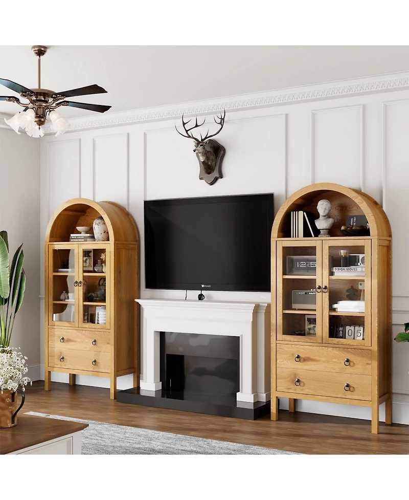 Gaomon 71" Arched Farmhouse Pantry Cabinet with Glass Doors, 2 Drawers & Adjustable Shelves, Display Hutch for Kitchen Dining Living Room