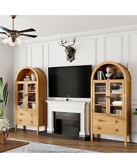 Gaomon 71" Arched Farmhouse Pantry Cabinet with Glass Doors, 2 Drawers & Adjustable Shelves, Display Hutch for Kitchen Dining Living Room