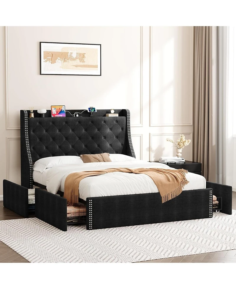 gaomon Queen Bed Frame with 4 Storage Drawers, Wingback Headboard